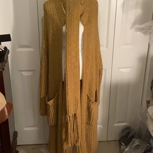 Long Mustard  Oversized Ribbed Knit Cardigan Sweater With Matching Scarf